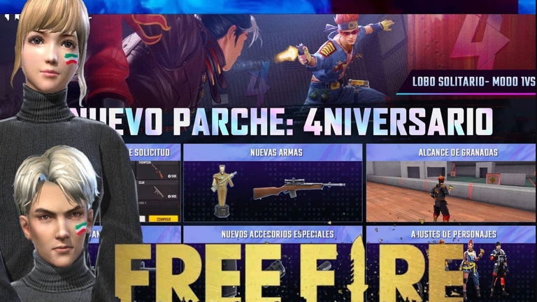 Armas y accesorios del parche 4niversario de Free Fire