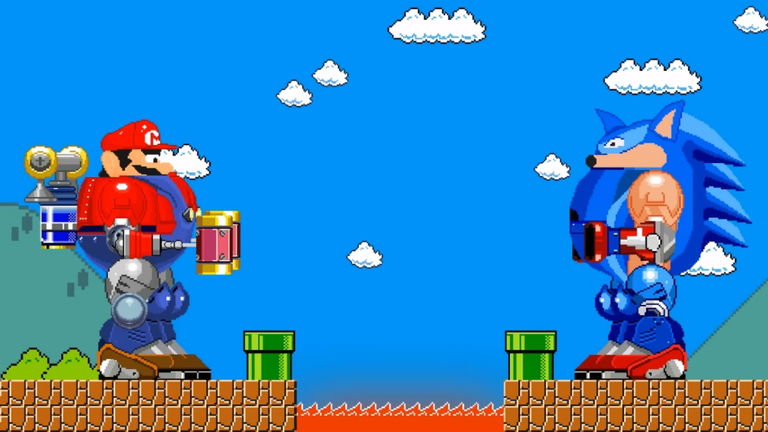 Mario y Sonic se enfrentan en una épica batalla de robots en una animación fanart